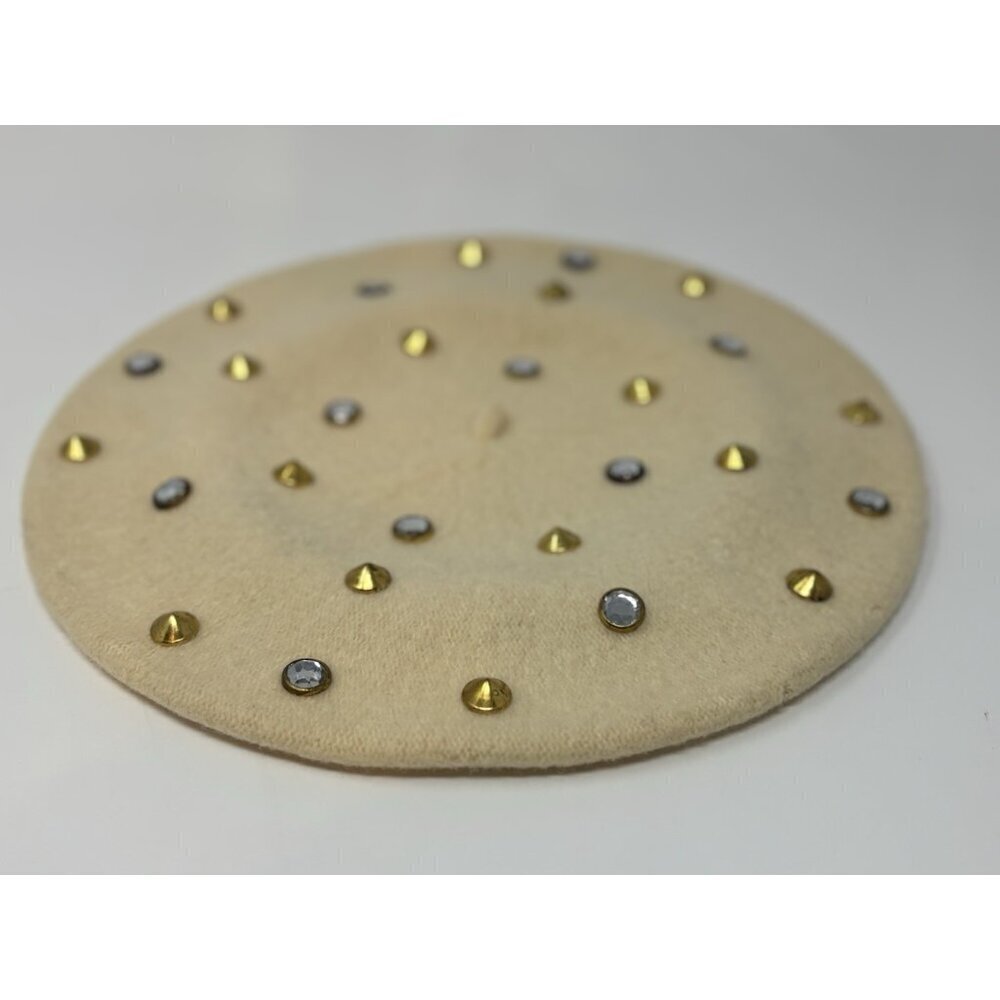 Vintage 70s 60s Cream Ivory Wool Studded Jewel Beret Hat Women's Czechoslovakia - Picture 2 of 12